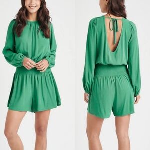 Splendid X Cella Jane Romper Womens Sz XS Smocked Willow Green Self Tie Back